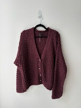 Mango Chunky Knit Cardigan Oversized Burgundy Plum Button Front Cozy Sweater L